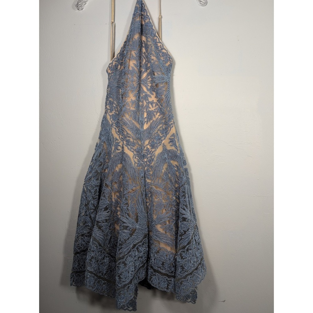 Tadashi Shoji Blue Lace Nude Double Lined Sleeveless Cocktail Dress Size 2